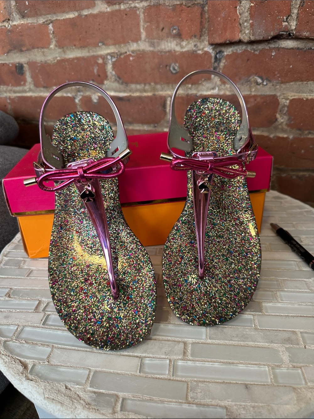 kate spade Multicolor Glitter T-Strap Slingback Sandals